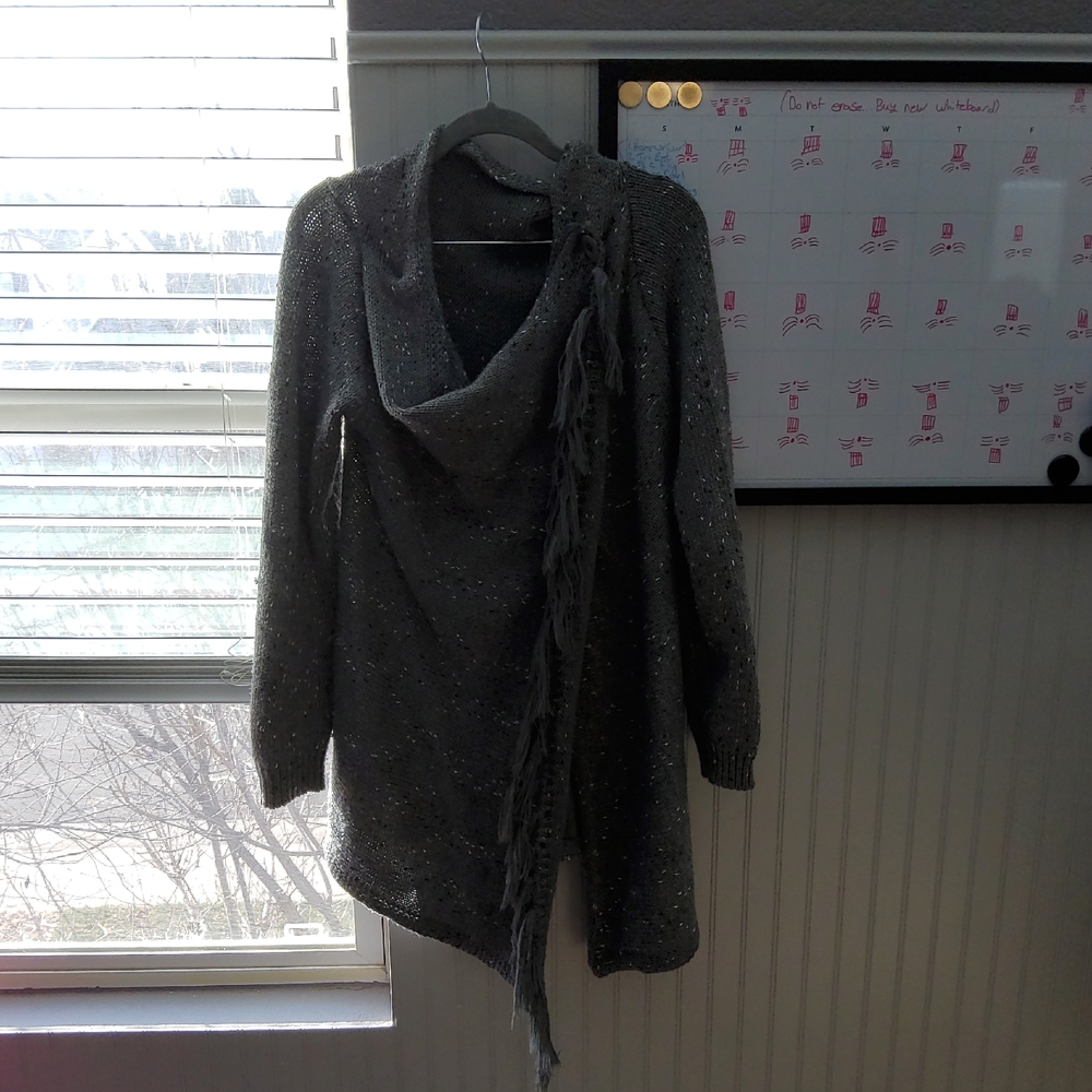 Elegant Gray Cowl Neck Sweater with Fringe